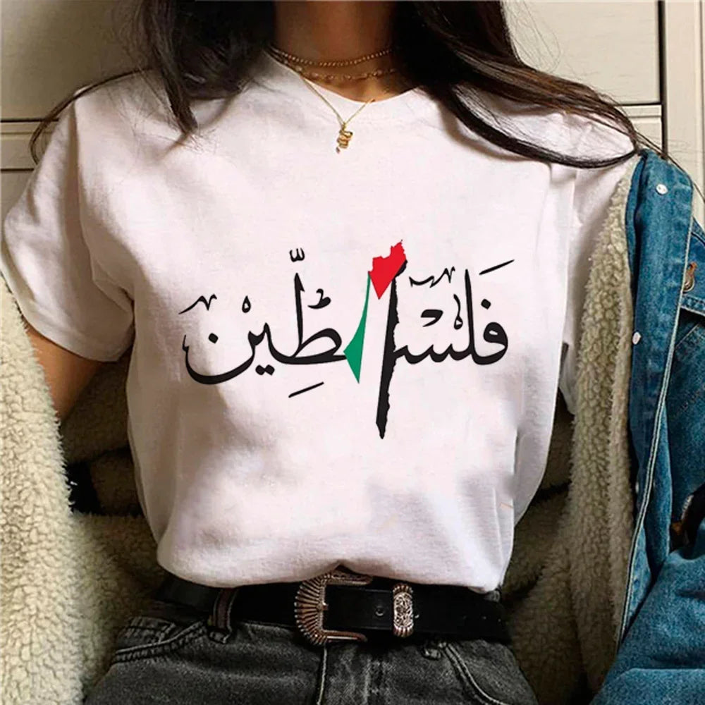 تيشيرت نسائي لفصل الصيف يحمل تصميم فلسطين، تيشيرت للنساء بأسلوب أنمي وY2K، ملابس مصممة بأسلوب ستريت وير عصري، تيشيرت بياقة د