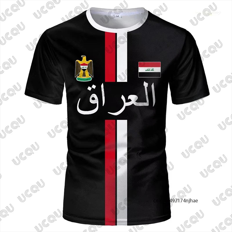قميص رياضي مستوحى من تصميم منتخب العراق لكرة القدم، مصنوع من قماش سريع الجفاف، مثالي للرياضة والأنشطة اليومية، متوفر للأطف