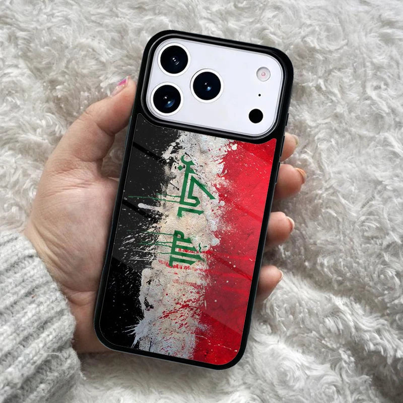 غطاء هاتف يحمل علم العراق، متوافق مع أجهزة iPhone 17 Air و16 و15 و14 Plus و13 و12 و11 Pro Max، تصميم مقاوم للصدمات مع حواف حماية (Bumper)، يوفر حما