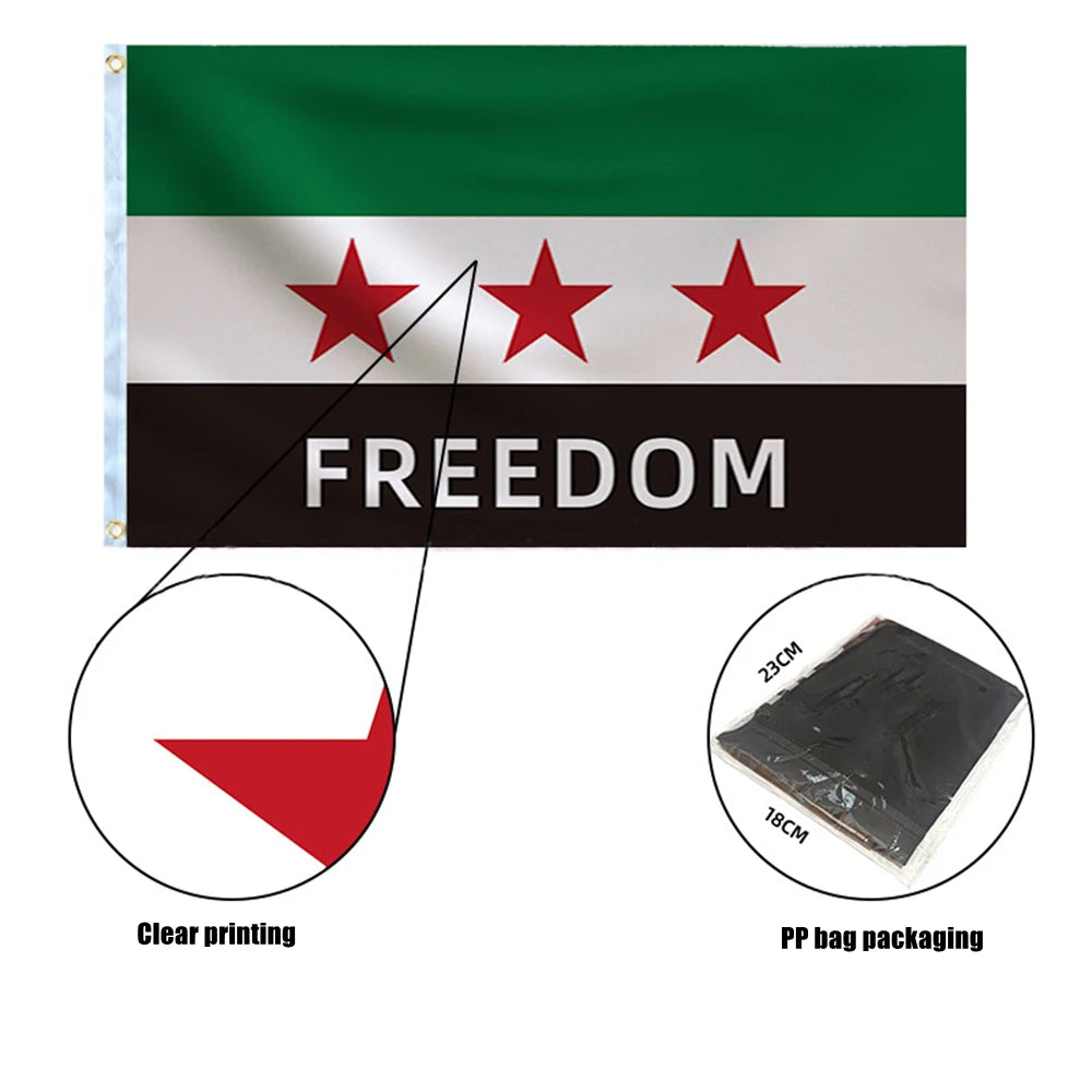 علم سوريا، مقاس 90×150 سم، علم الثورة السورية، علم "سوريا الحرة"، مصنوع من بوليستر عالي الجودة 100%، مناسب للعرض والديكور.