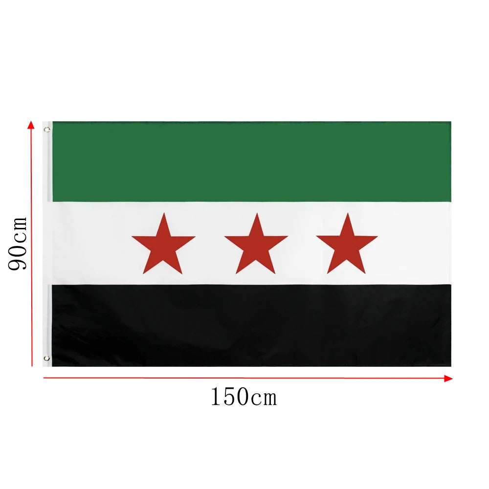 علم سوريا، مقاس 90×150 سم، علم الثورة السورية، علم "سوريا الحرة"، مصنوع من بوليستر عالي الجودة 100%، مناسب للعرض والديكور.