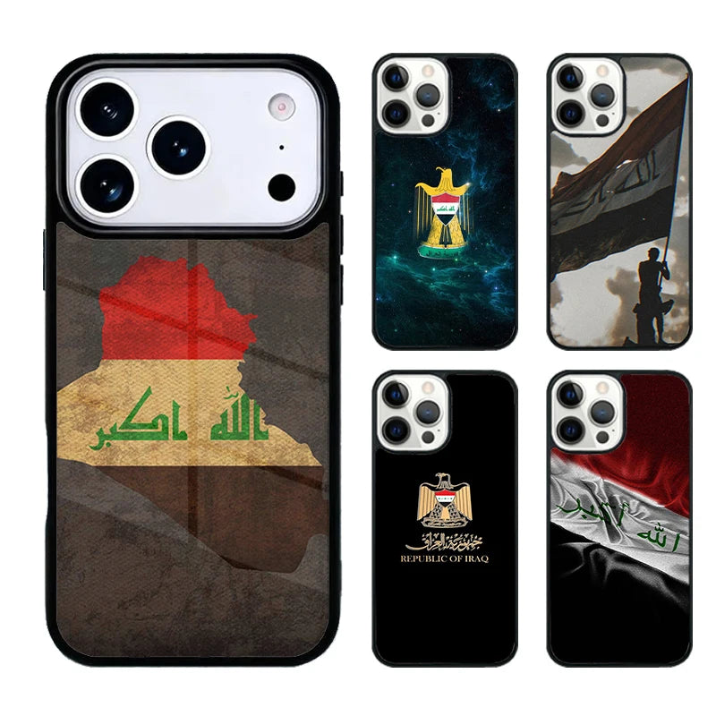 غطاء هاتف يحمل علم العراق، متوافق مع أجهزة iPhone 17 Air و16 و15 و14 Plus و13 و12 و11 Pro Max، تصميم مقاوم للصدمات مع حواف حماية (Bumper)، يوفر حما